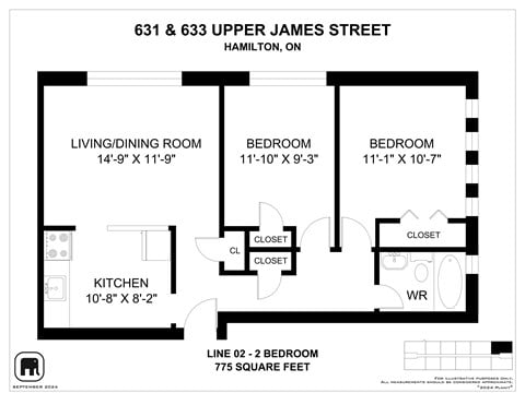 Floor plan for 2 beds, 1 bath, 779 sqft